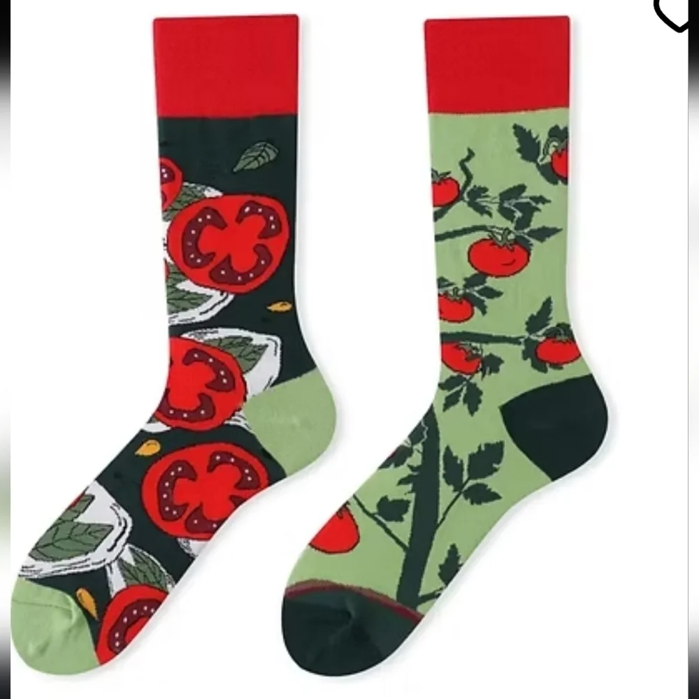 Tomato Theme Novelty Fashion Socks Crew Socks New Black Green & Red ODD Match